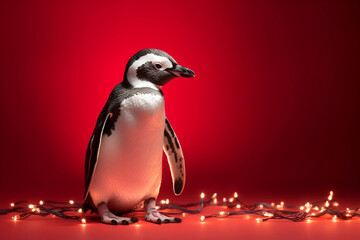 Fototapeta premium Penguin wrapped in Christmas lights garland, standing on red background, looking to side at blank copy space. Christmas penguin banner. AI generative