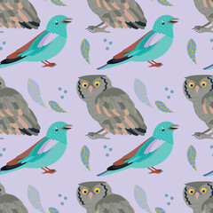 Pattern with owl, coraciiformes bird.