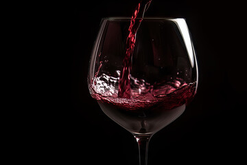 Pouring red wine into a glass against a dark backdrop, a scene of elegance and celebration unfurls. The deep hue of the merlot, the subtle motion, all contribute to a sense of allure. Generative AI.