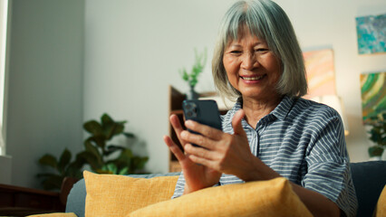 Beautiful elderly woman smile using mobile phone enjoy playing social media checking email. Happy...