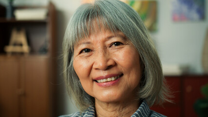 Closeup of beautiful elderly woman pretty charmingly smile looking at camera. Close up of attractive old aged female sit on couch in cozy living room. Senior Lifestyle Concept.