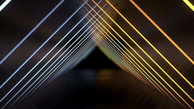 Neon tubes in a triangle form, moving forward and shining in yellow and blue colors, seamless driving VJ loop