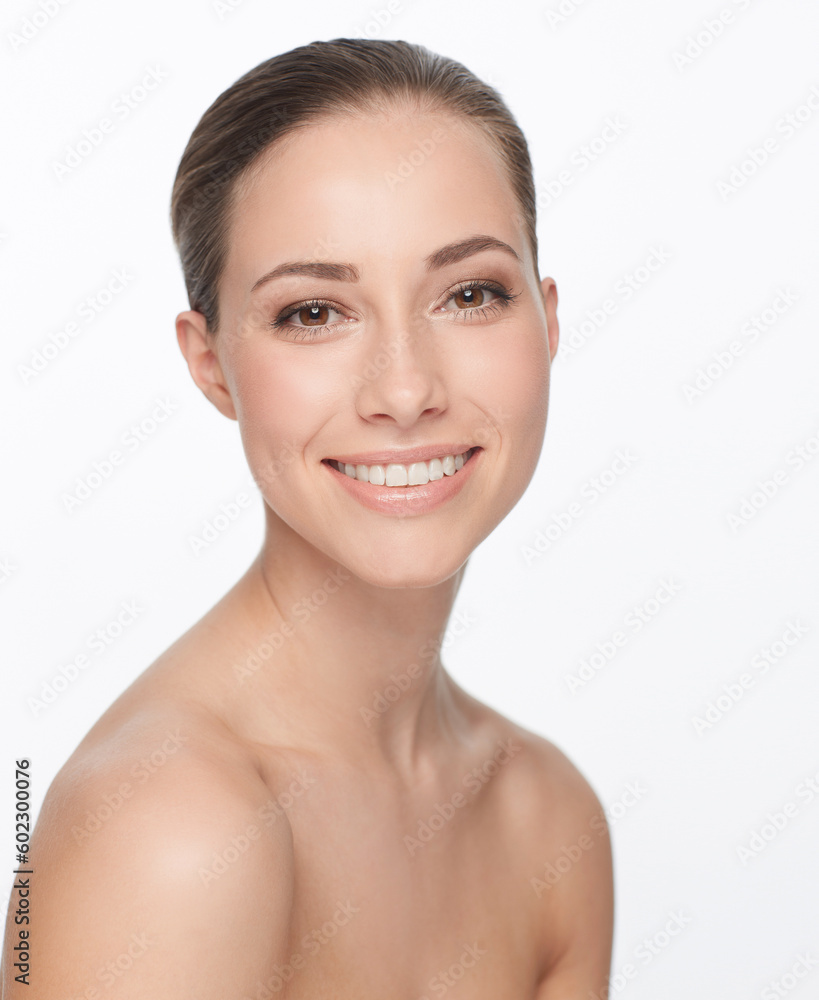 Canvas Prints Portrait, smile and woman with beauty, dermatology and self care isolated against a white studio background. Face, female person and model with happiness, grooming and wellness with salon treatment