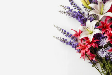 Blooming with Pride: American Flag Color Flowers on a White Background, Ideal for Copy Space