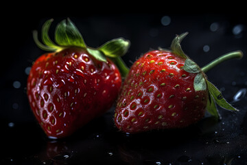 A huddle of raw strawberries, their red hues popping against a dark backdrop. Nature's candy, fresh, juicy, and teeming with health. Fresh organic vegetarian and vegan breakfast food. Generative AI.