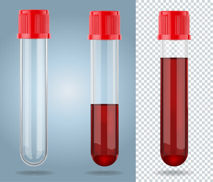 Three 3 dimensional transparent glass test tubes with red cap. Two test tubes with red liquid and one is empty. Vector Illustration.
