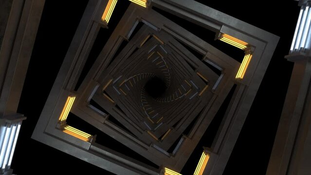 Square Neon frames spread across the horizon, glowing in chaser mode while the camera moves forward, seamless VJ Loop