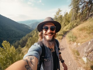 Sommerurlaub und Wandern in den Bergen. Glückliche Momente im Freien, generative AI.