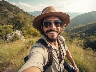 Fototapeta premium Sommerurlaub und Wandern in den Bergen. Glückliche Momente im Freien, generative AI.