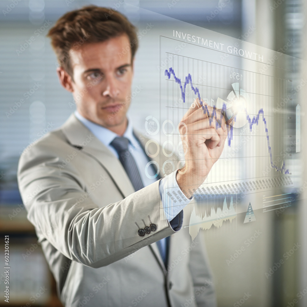 Poster hologram, business and man with charts futuristic and digital planning with software or brainstormin