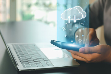 Cloud documentation and personal information online database storage and data privacy protection on computer network or online banking protect or cyber security concept.