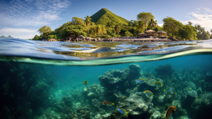 Tropical island with palm trees and resort. The motif is divided by the waterline. Half above water and half under water with fishes and corals.