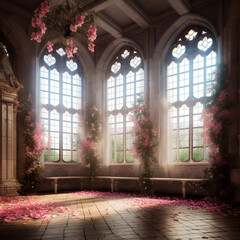 Generative AI:  enchanted fairy tale arch with flowers in a castle