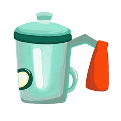 Watercolor and drawing vintage Green kettle for camping and adventure in the forest. Digital painting of icon illustration.