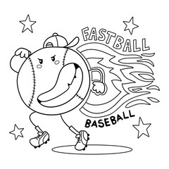 illustration in black and white of a smiling baseball running very fast, retro drawing, coloring book