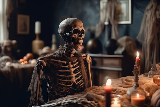 Skeleton at dinner table. Generative AI