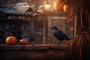 Fototapeta premium Halloween illustration with a black crow and pumpkins decorating wooden houses. Generative AI