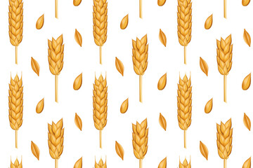 Bakery pattern. Wheat ears. Farm corn. Harvest from field or farming land. Barley and oat seeds. Agricultural cereal. Countryside agronomy. Food cultivating. Vector seamless background