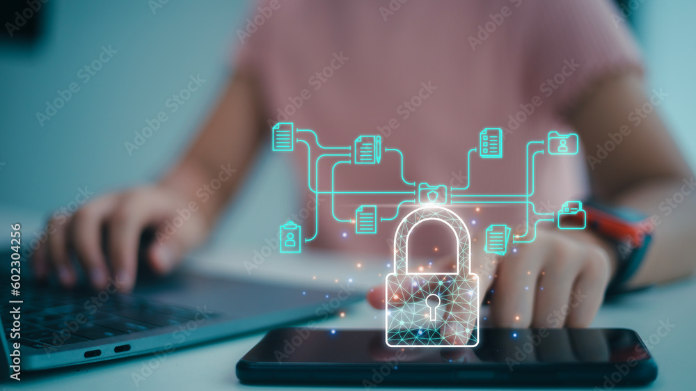 Poster businesswoman use laptop secure encryption to access data and documents safe storage data of company