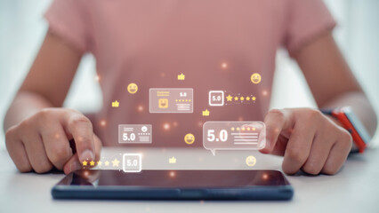 Customer evaluation product service quality, satisfaction feedback review, good quality, Customer Satisfaction Survey concept, 5-star satisfaction, service experience rating online application,