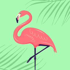 Pink flamingo standing on one leg on the green background with tropical leaves. Vector illustration of cartoon flamingo bird.