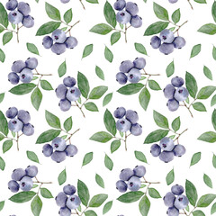 Hand painted watercolor seamless pattern with blueberry berries