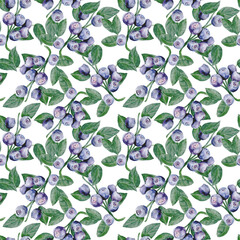 Hand painted watercolor seamless pattern with blueberry berries