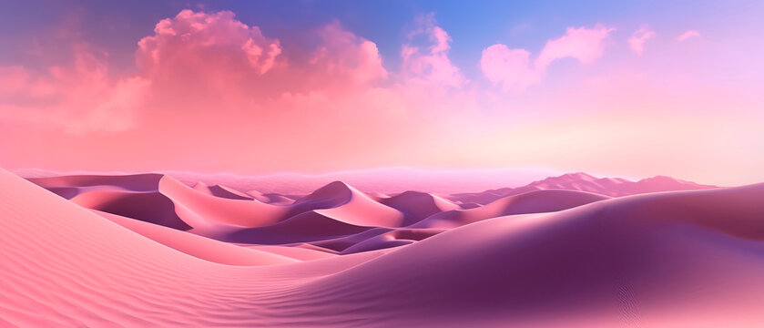 fantasy dusk landscape with lavender colour desert sand dunes and clouds on the blue sky