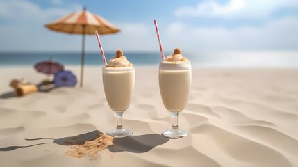 Delicious milkshake with chocolate on the beach. Generative AI