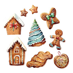 Fototapeta premium Christmas cookies watercolor in cartoon style on green background. Vector art illustration. Cute cartoon illustration. Vintage vector. Sweet food.