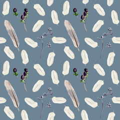 Hand painted watercolor seamless pattern with feathers and berries