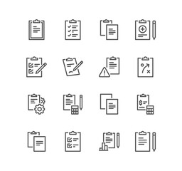 Set of clipboard related icons, contact, checklist, form, petition and linear variety symbols.	
