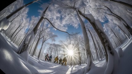 Hikers in the winter forest at sunny day. Winter landscape. Fisheye lens.