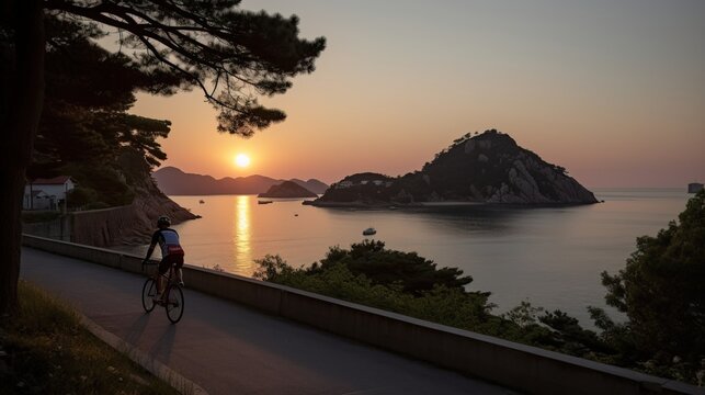 Cyclist on the road to by the sea.