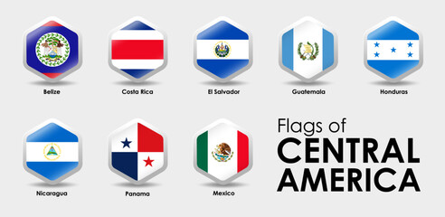 Flag Icons countries of Central America. Simple Hexagon shape design. National flags icon set. Vector illustration on gray background