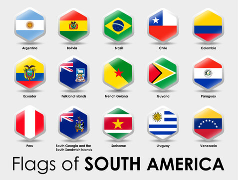Set of South America flags. Simple Hexagon shape design on gray background.