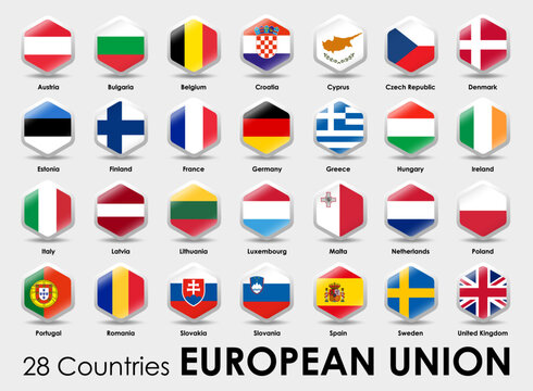 Vector illustration of Hexagon shape flags of the 25 countries European Union on gray background