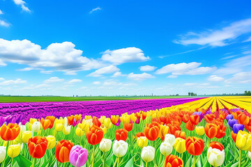 A scenic view of a colorful and vibrant tulip field with blue sk