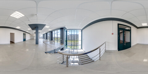 hdri 360 panorama view in empty modern hall on top floor near panoramic windows with columns,...