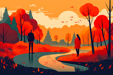 Autumn background vector illustration. Loving couple take a relaxing stroll with autumn landscape. Romantic autumn season. 
