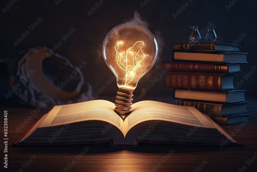 Poster open book with light bulb idea. education concept. creative design, learning and study background wi