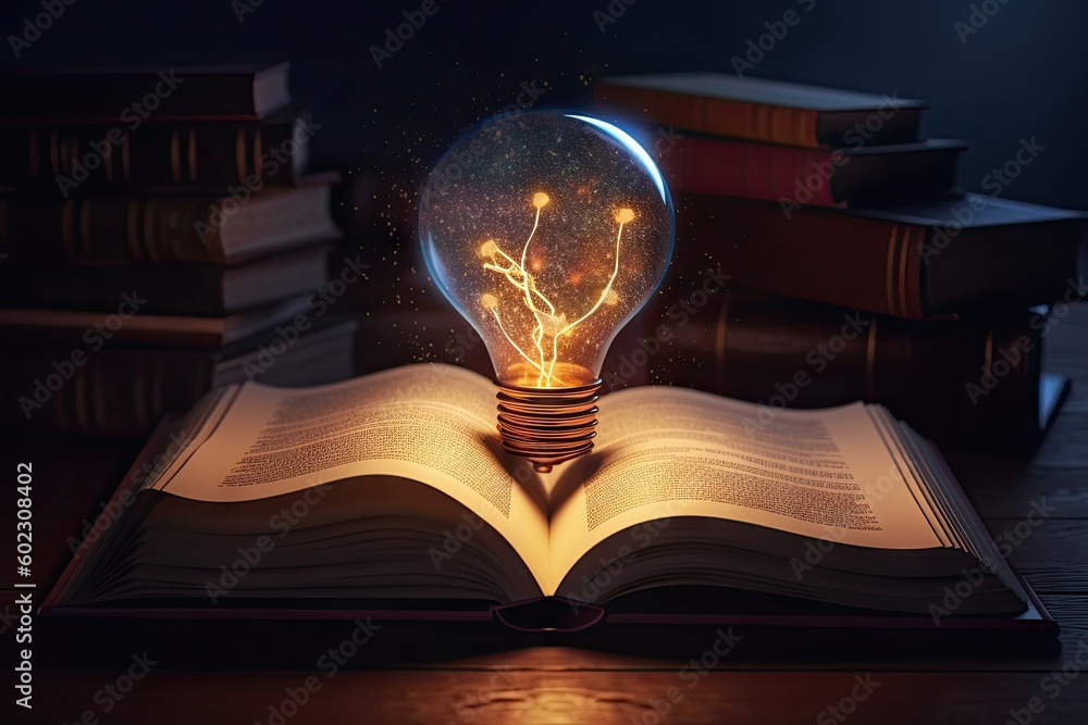 Aufkleber open book with light bulb idea. education concept. creative design, learning and study background wi