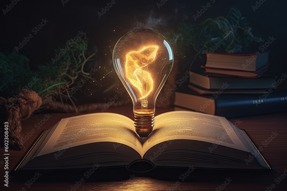 Aufkleber open book with light bulb idea. education concept. creative design, learning and study background wi