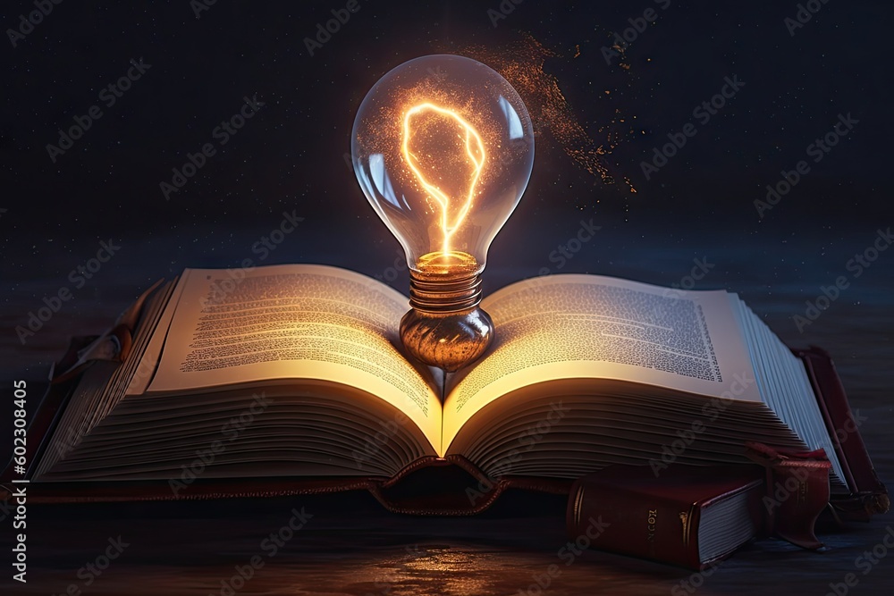 Poster open book with light bulb idea. education concept. creative design, learning and study background wi