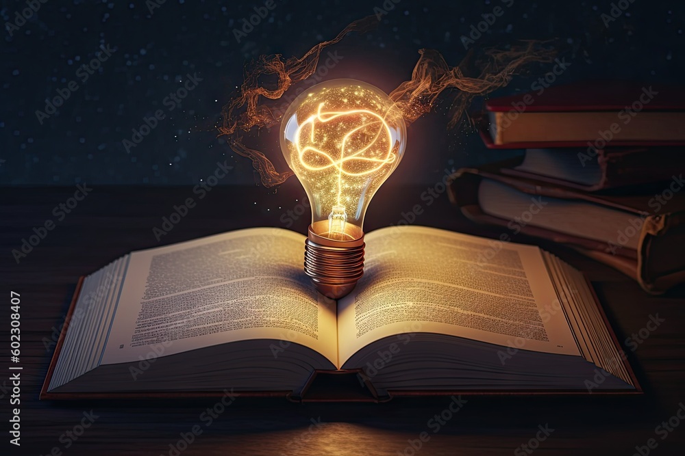 Aufkleber open book with light bulb idea. education concept. creative design, learning and study background wi
