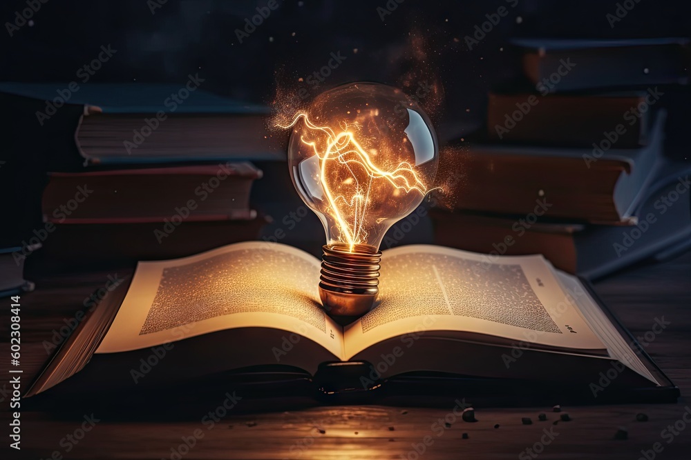 Aufkleber open book with light bulb idea. education concept. creative design, learning and study background wi