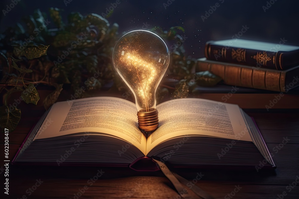 Canvas Prints Open Book with Light Bulb Idea. Education Concept. Creative Design, Learning and Study Background with Copy Space. Generative AI illustrations.