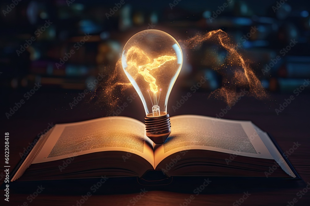 Aufkleber open book with light bulb idea. education concept. creative design, learning and study background wi