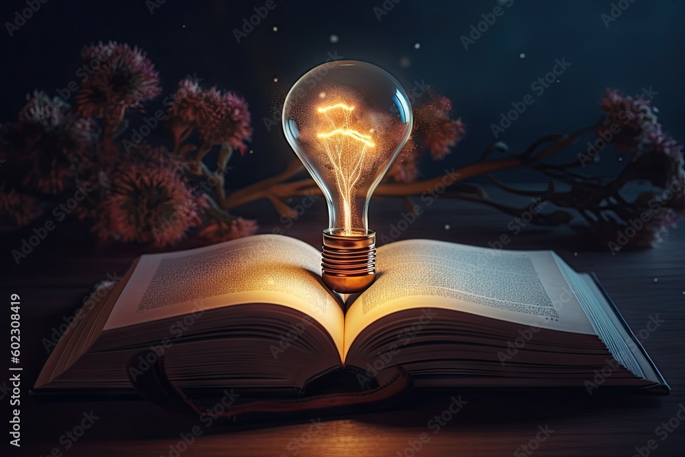 Aufkleber open book with light bulb idea. education concept. creative design, learning and study background wi
