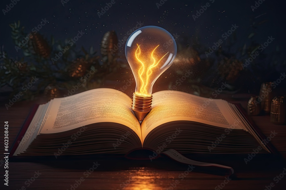 Aufkleber open book with light bulb idea. education concept. creative design, learning and study background wi